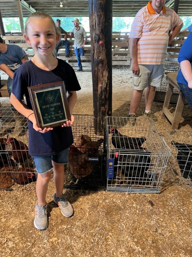Image of grand champion Lainey Stephens holding her plaque with her winning chickens behind her