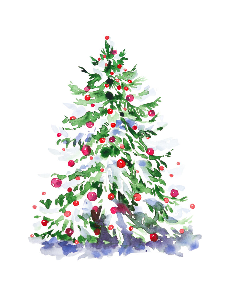 Decorative Image: Watercolor illustration of a Christmas tree with toys. Isolated on white background