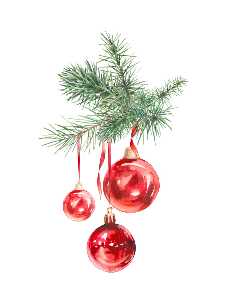 Decorative Image: Watercolor Christmas tree with balls decor. Hand painted holiday card with red glass toys on fir branches isolated on white background.